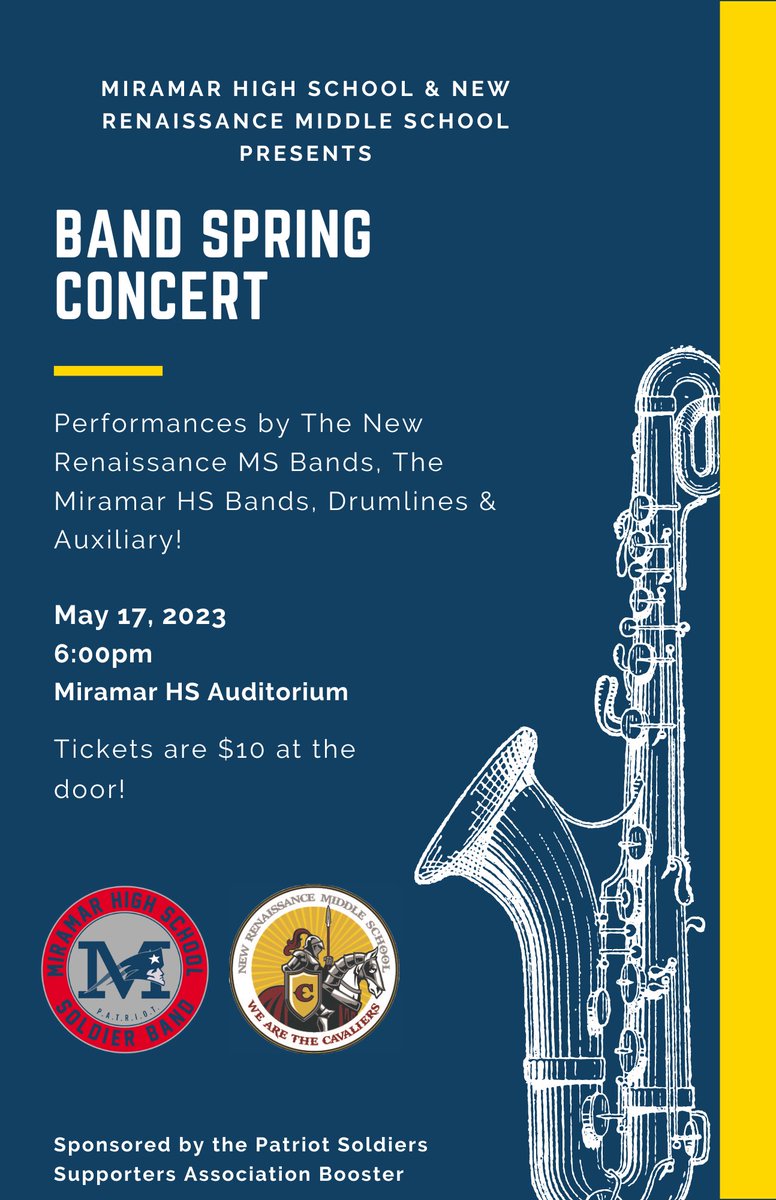 The Miramar HS Band and New Renaissance MS Band will be having their Joint Band Spring Concert tomorrow Wednesday, May 17th at 6pm in the Miramar Auditorium! Admission is $10. This is a concert you don’t want to miss!