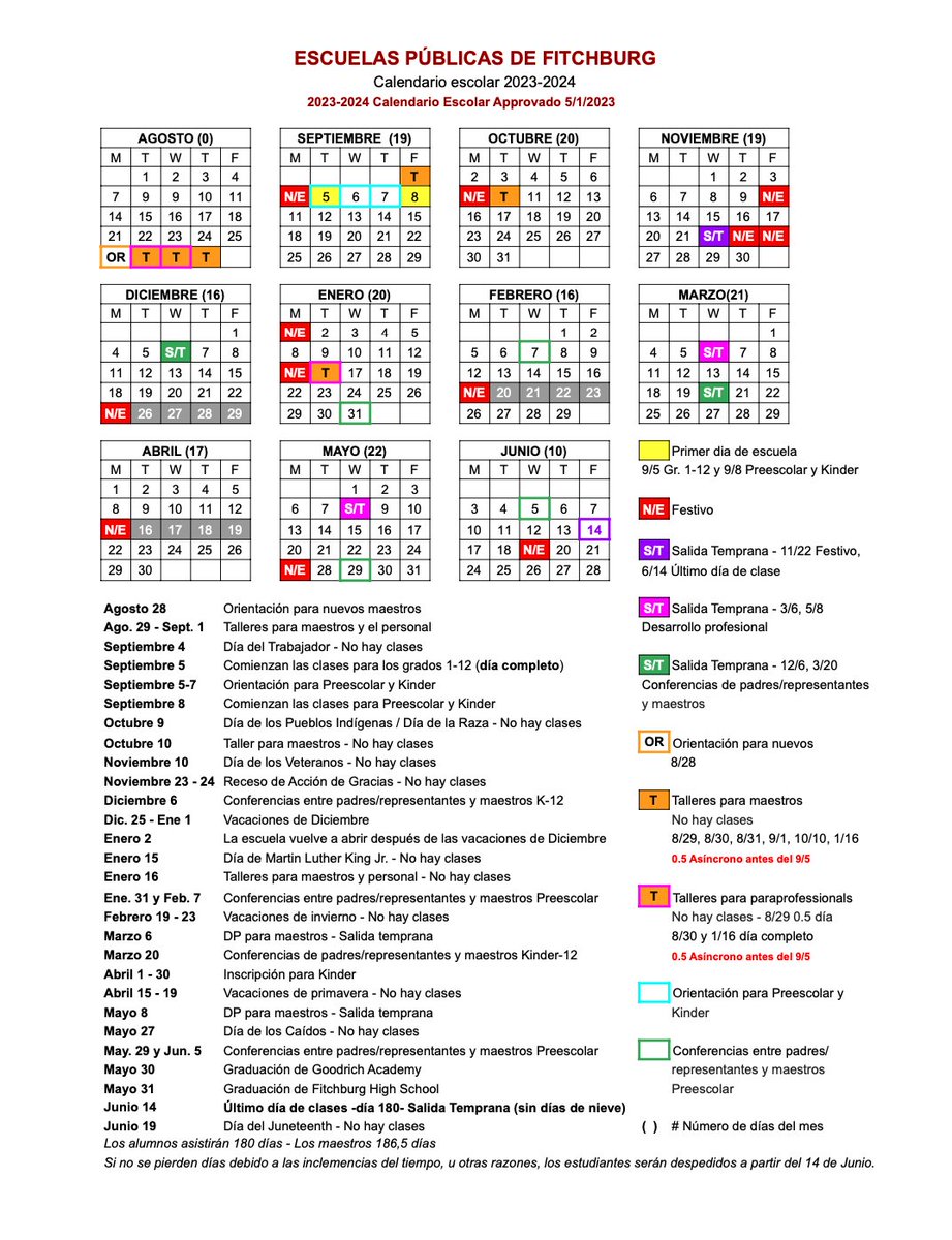 Fitchburg Public Schools’ approved school calendars for the 2023-2024 school year.
English, Spanish, Portuguese and Haitian Creole calendars can also be found here: drive.google.com/drive/folders/…