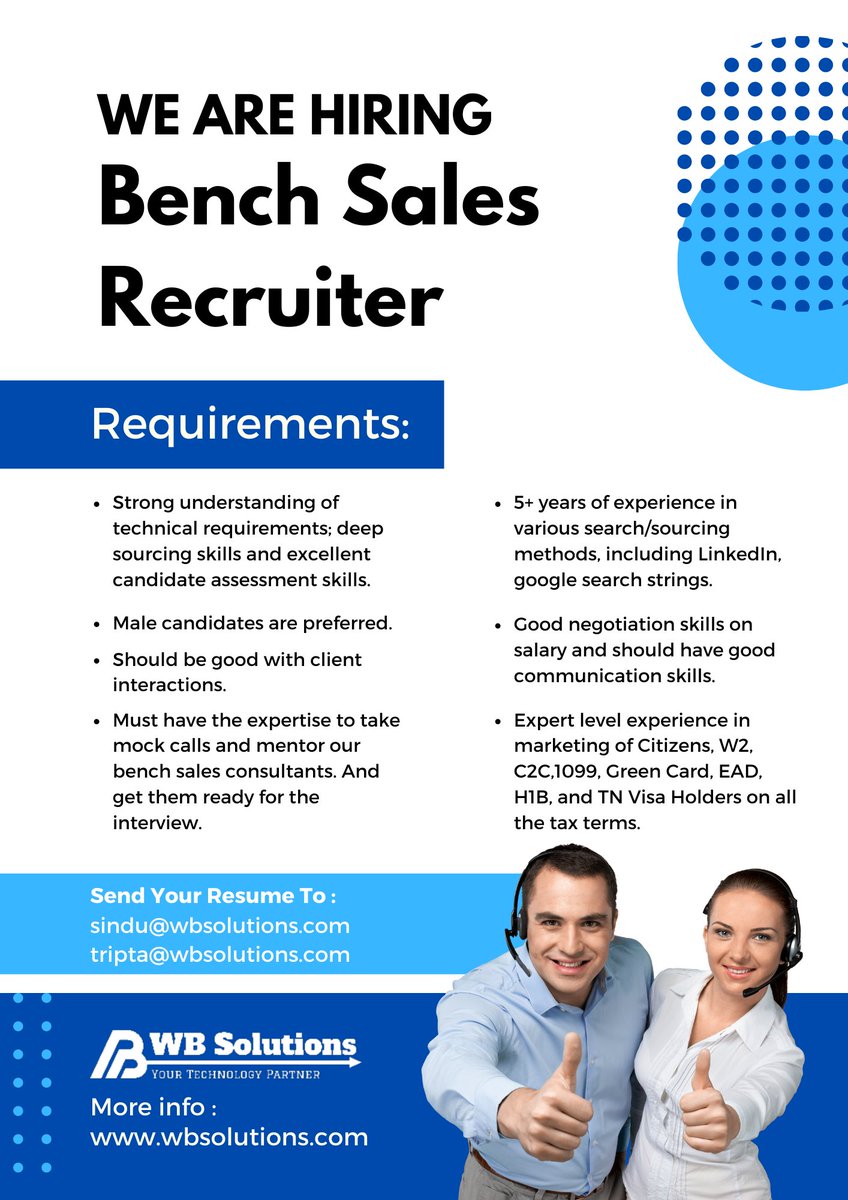 📢 𝐉𝐨𝐛 𝐎𝐩𝐩𝐨𝐫𝐭𝐮𝐧𝐢𝐭𝐲 𝐀𝐥𝐞𝐫𝐭! 🚀
#hiring #JobOpportunity #NowHiring #Recruitment #BenchSales #CareerOpportunity #JoinOurTeam #TechRecruiter #StaffingSolutions #TalentAcquisition #JobSearch #JobSeekers #ProfessionalDevelopment #InterviewTips #hiringnow #Jobs