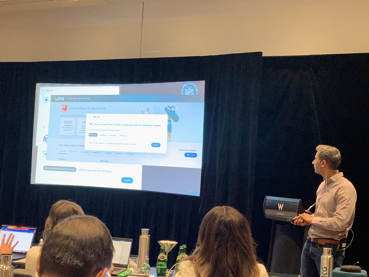 SBGHRTech's tweet photo. #UKGAnalystDay @UKGInc new addition to the UKG product design brain trust (and my new friend) @rahulkamdar explains the #HRTech co’s Ask #AI vision and near term roadmap. 1 inter-connected platform, cohesive experiences, pervasive generative AI  - but with human review where key. https://t.co/KEetfkePUI