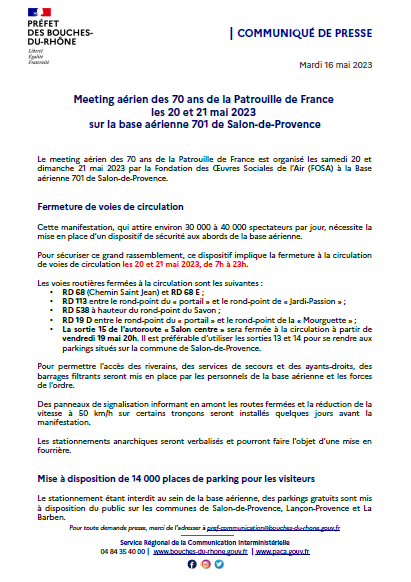 Prefet13's tweet photo. ✈️Meeting aérien des 70 ans de la Patrouille de France 🇫🇷 les 20 et 21 mai 2023 sur la base aérienne 701 de Salon-de-Provence
#labarben #pelissane #lanconprovence

ℹ️ Retrouvez les informations sur les conditions de circulation ⛔️ et le stationnement 🅿️ autour de la BA 701 ⬇️ https://t.co/pzXs5AOLum