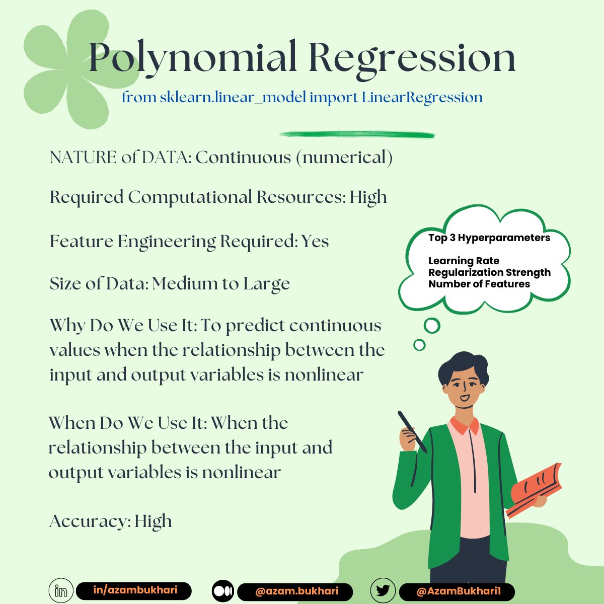 AzamBukhari1's tweet image. Polynomial Regression

Polynomial regression is a supervised machine learning algorithm that can be used to predict a continuous value when the relationship between the input and output variables is nonlinear. 

#polynomialregression #machinelearning #datascien