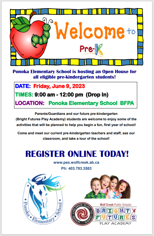 pes.wolfcreek.ab.ca/home/news/post… - 
 
*** UPDATE *** 
Both our Mon/Wed and Tues/Thurs morning (AM) classes are full. We will take wait list requests but currently only have open spaces in the afternoon (PM) programs.