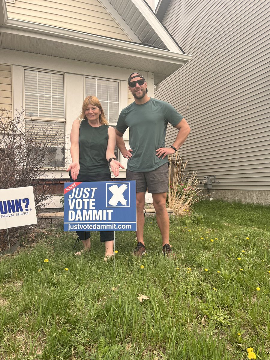 Dropped off some #JustVoteDammit signs today with my helpers. <a href="/Andrew_Beckler/">Beckler</a> #yyc #abpoli