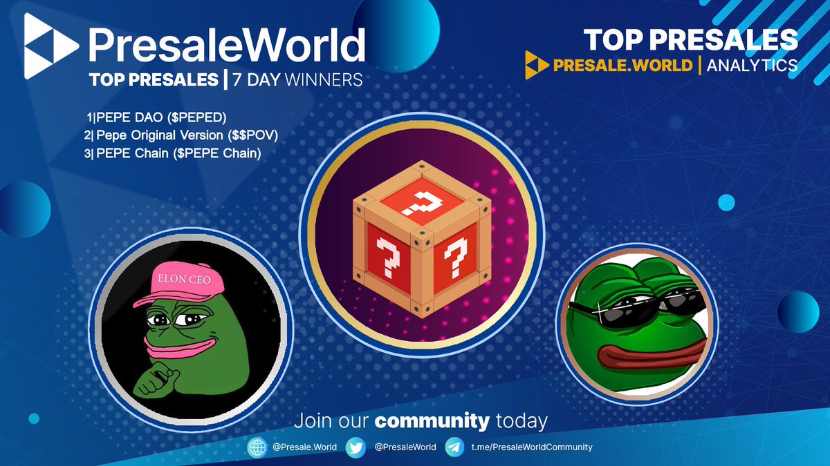 Presale World (@presaleworld) on Twitter photo Top Presales (7d) on Presale.World!
1. PEPE DAO • <a href="/PEPEDAO_Global/">PEPE DAO</a>
2. Pepe Original Version • <a href="/PepeOriginalVer/">Pepe Original Version</a>
3. PEPE Chain • <a href="/RealPepeChain/">PEPE Chain</a>
4. Blockchain Valley Virtual • @bcvvirtual
5. Arabian PEPE • <a href="/PepeArabianBSC/">ArabianPEPE</a>
To see all the top presales in the last 7 Top Presales (7d) on Presale.World!
1. PEPE DAO • <a href="/PEPEDAO_Global/">PEPE DAO</a>
2. Pepe Original Version • <a href="/PepeOriginalVer/">Pepe Original Version</a>
3. PEPE Chain • <a href="/RealPepeChain/">PEPE Chain</a>
4. Blockchain Valley Virtual • @bcvvirtual
5. Arabian PEPE • <a href="/PepeArabianBSC/">ArabianPEPE</a>
To see all the top presales in the last 7