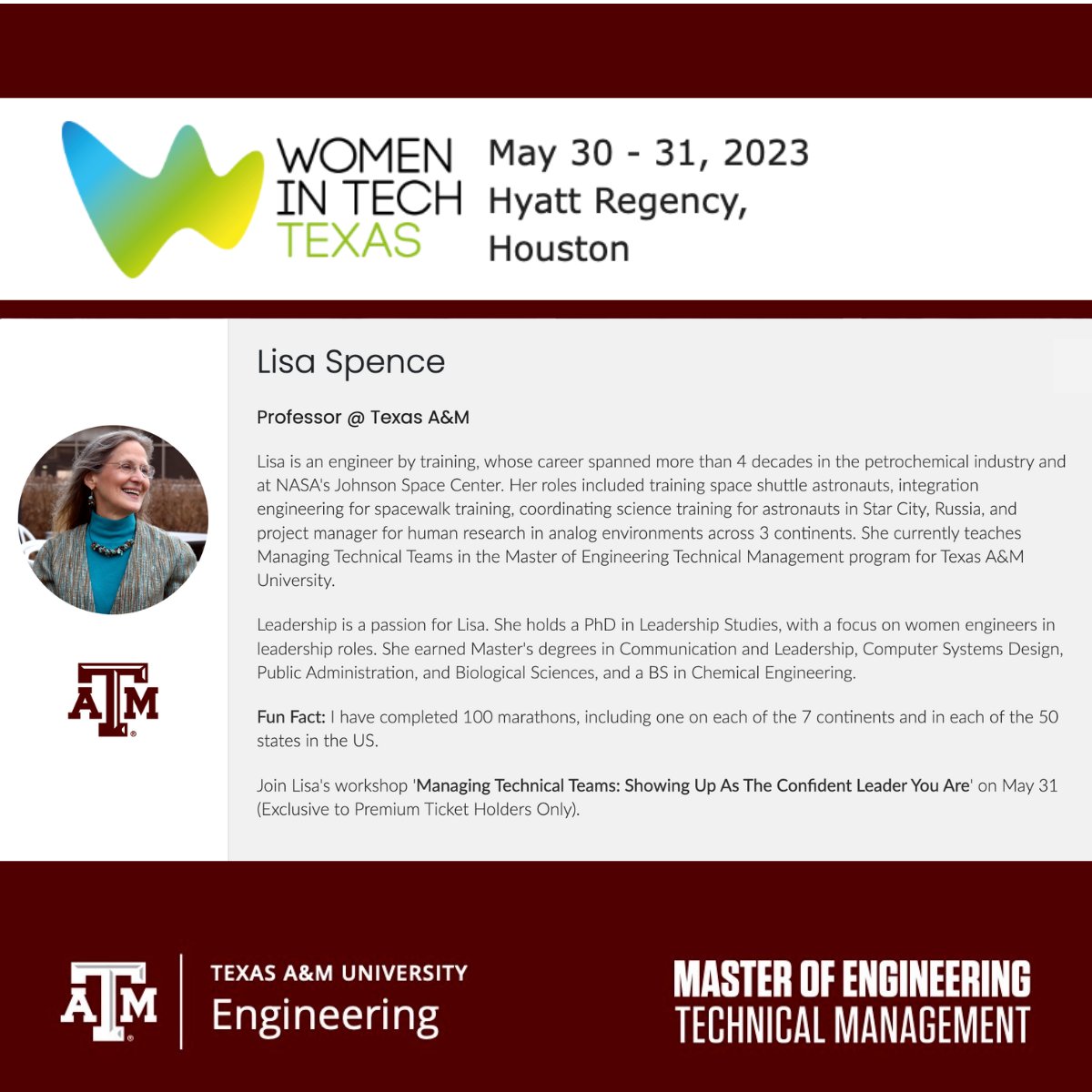 tamumetm's tweet photo. Join Texas A&M Master of Engineering Technical Management (#METM) at the Women in Tech Texas, Booth #8, May 30-31, Hyatt Regency Houston. Plus, our beloved Dr. Lisa Spence will be conducting a workshop. See you there! https://t.co/LUJneXTTOV
#WITT23 #TAMU #leadership #womenintech https://t.co/J9y9lTDqVF