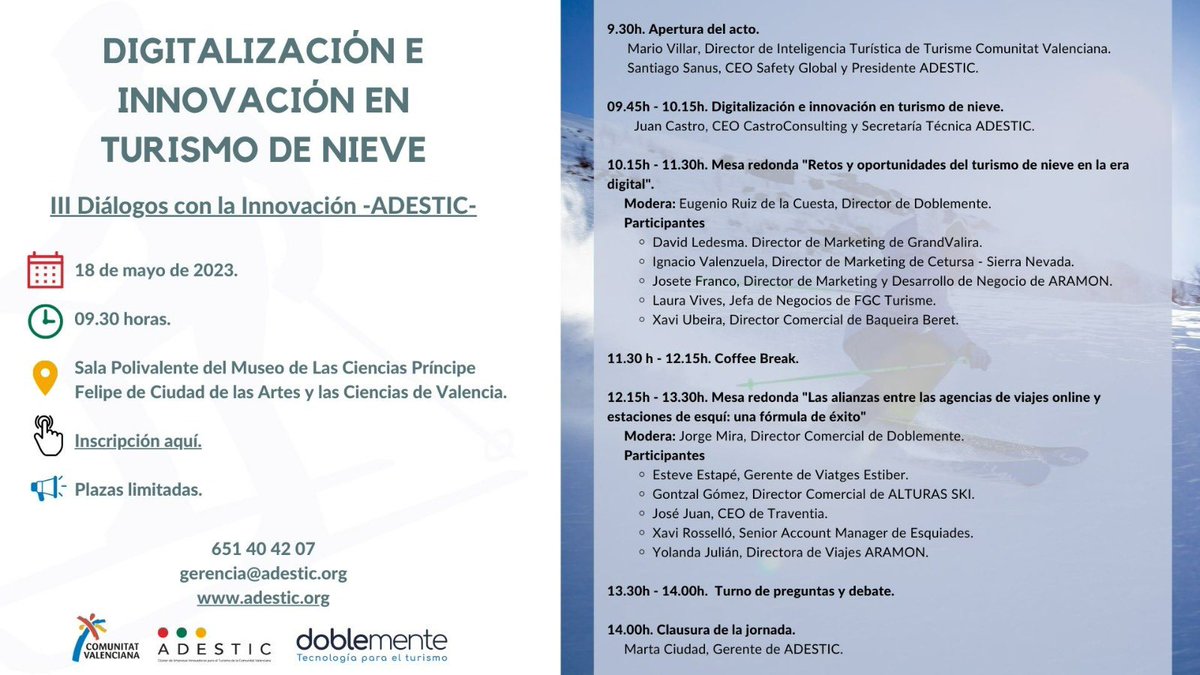 El próximo jueves celebramos con <a href="/Adestic1/">ADESTIC</a> la jornada de Digitalización e innovación en Turismo de Nieve. Reserva tu plaza: forms.gle/jg9b7e1HeyjjDU…