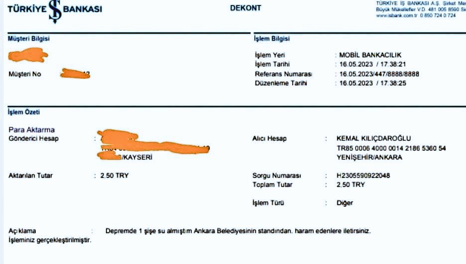 #Elbistan depreminde 11 yakınını kaybeden bir vatandaş, Kemal Kılıctaroğlu'na havale gönderdi. 
'Depremde 1 şişe su almıştım
Ankara Belediyesinin standından.
Haram edenlere iletiniz.'😉
#ErdoğanAklınızıAlacak
CUMHUR KAZANACAK
OY BEKLEME KEMAL
#MeralleriBozuk
SarHOŞT MUHALEFET😜