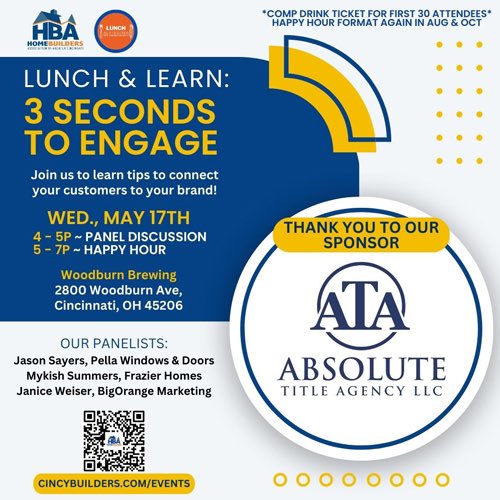 Join us TOMORROW for lite bites and to learn tips to connect your customers to your brand... you have '3 Seconds to Engage'! Please register at CincyBuilders.com/events . Thank you, Absolute Title Agency!!