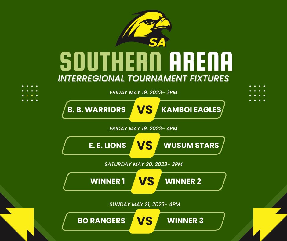 The Opening Ceremony of the Southern Arena scheduled for Sunday May 21st this year, will be preceded by an interregional tournament with each of the five regions represented by a top performing premier league club. 

The tourney will kickstart on Friday May 19 at the Bo Stadium.