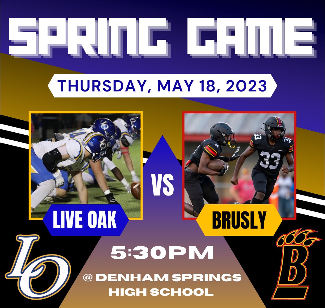 Due to a scheduling conflict, this year’s spring game will now be played on Thursday Night at 5:30PM. 

⏰: 5:30PM
📍: Denham Springs High School 
💰: Admission is free. 

Make the short trip and get your first look at the 2023 Eagles!!