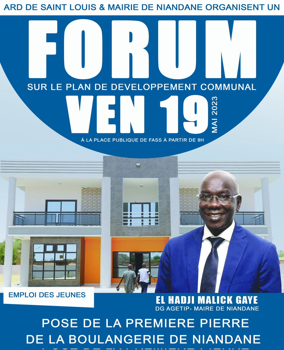 El_Hadjimalick's tweet photo. En vue d’élaborer de manière inclusive son PDC (Plan de Développement de la Commune), la Commune de Niandane en partenariat avec l’Agence Régionale de Développement organise un forum le vendredi 19 Mai 2023 à 9h à la place de Fass. 
#el_hadji_malick_gaye_dg_agetip
#AGETIP
#EMG https://t.co/bruuoQZcU0