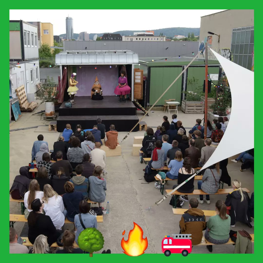 FreieBuehneJena's tweet photo. WOW! Zwei ausverkaufte Vorstellungen! DANKE an alle 250 Gäste, die freiwillig zur Uraufführung der "Unfreiwilligen Feuerwehr" gekommen sind und mit uns den Klimawandel beklatscht, besungen, beweint und belächelt haben.

Vormerken! 8.-10.9. spielen wir nochmal im Kulturschlachthof https://t.co/ltSqxSiTjg