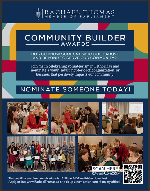 MP Rachael Thomas is once again looking for nominees for her Community Builder Awards program. Residents of Lethbridge are invited to nominate anyone who goes above and beyond to make a positive difference in our community.
rachaelthomas.ca/communitybuild…