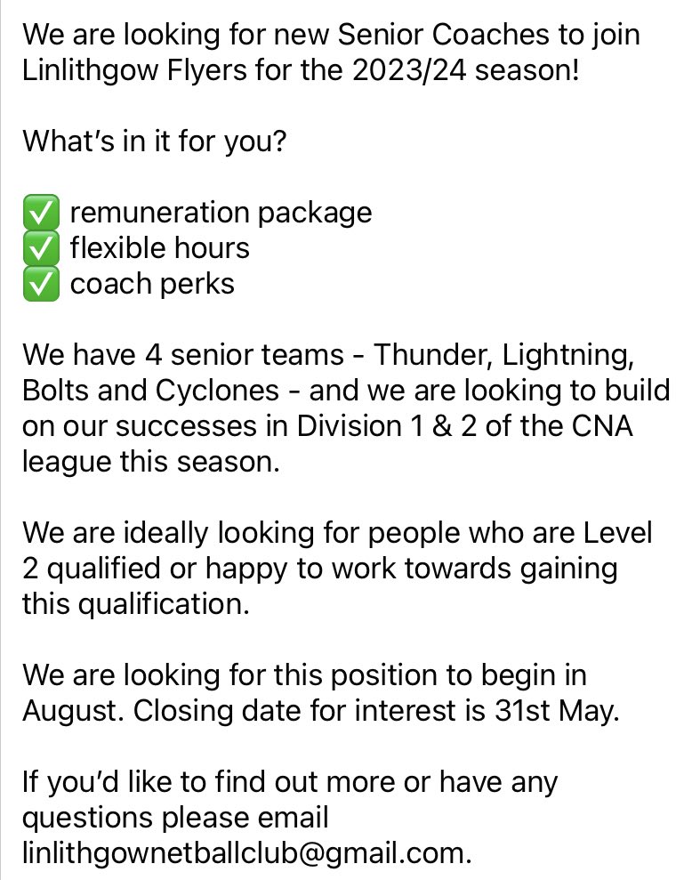 🚨SENIOR COACHES WANTED🚨

Please see below for details!