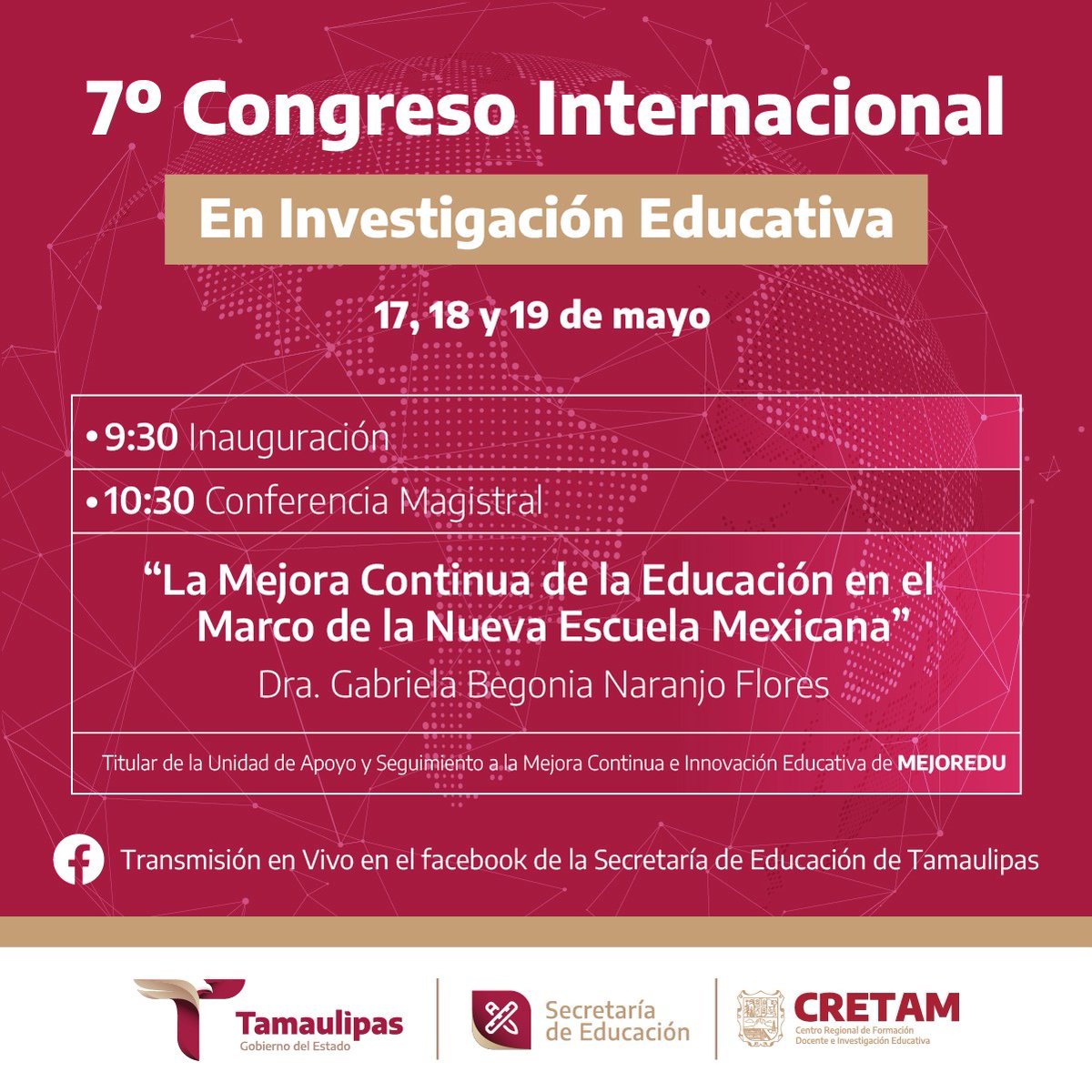 EDUCATAM's tweet photo. La #SET a través de @VinculacionTam y el #CRETAM llevarán a cabo los días 17, 18 y 19 de mayo del 2023 el 7° Congreso Internacional en Investigación Educativa.
Sigue transmisión miércoles 17 de mayo a través de Facebook de SET:
https://t.co/dkkJPItjoF
#TransformandoTamaulipas https://t.co/nXZcGHLtBj