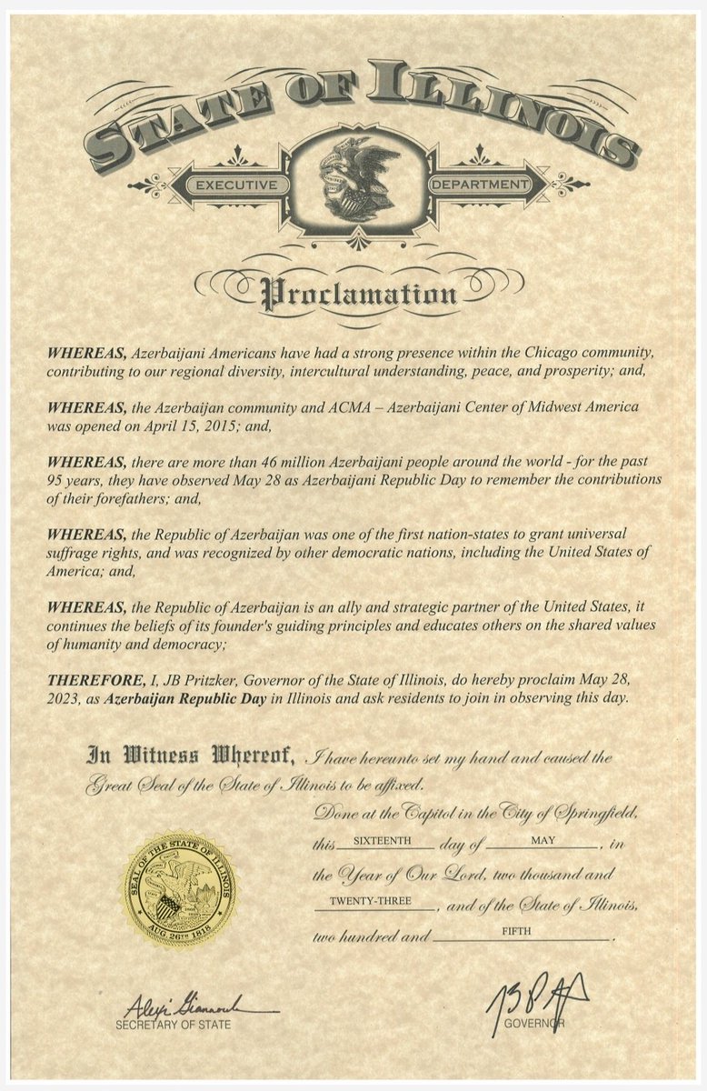 acmaus_org's tweet photo. I'm pleased to inform you that today we have received a proclamation from the Governor of the state of Illinois regarding the upcoming celebration of the Azerbaijan Republic Day on May 28th. #AzerbaijanRepublicDay #Azerbaijan #ACMAUS #Illinois https://t.co/17zZpIX1zj