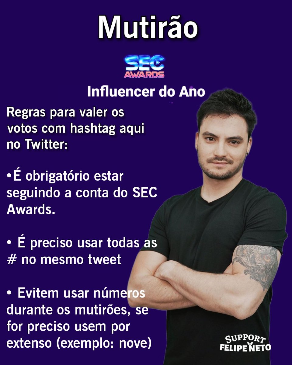 MINI MUTIRÃO SURPRESA 🚨

Será que conseguimos arrecadar até onze da noite TREZENTOS comentários? 

Vamos ver o quanto vocês querem que o Felipe leve esse prêmio. 👀

Por favor sigam as regras da imagem!

 #FelipeNeto #InfluencerDoAno #SECAwards