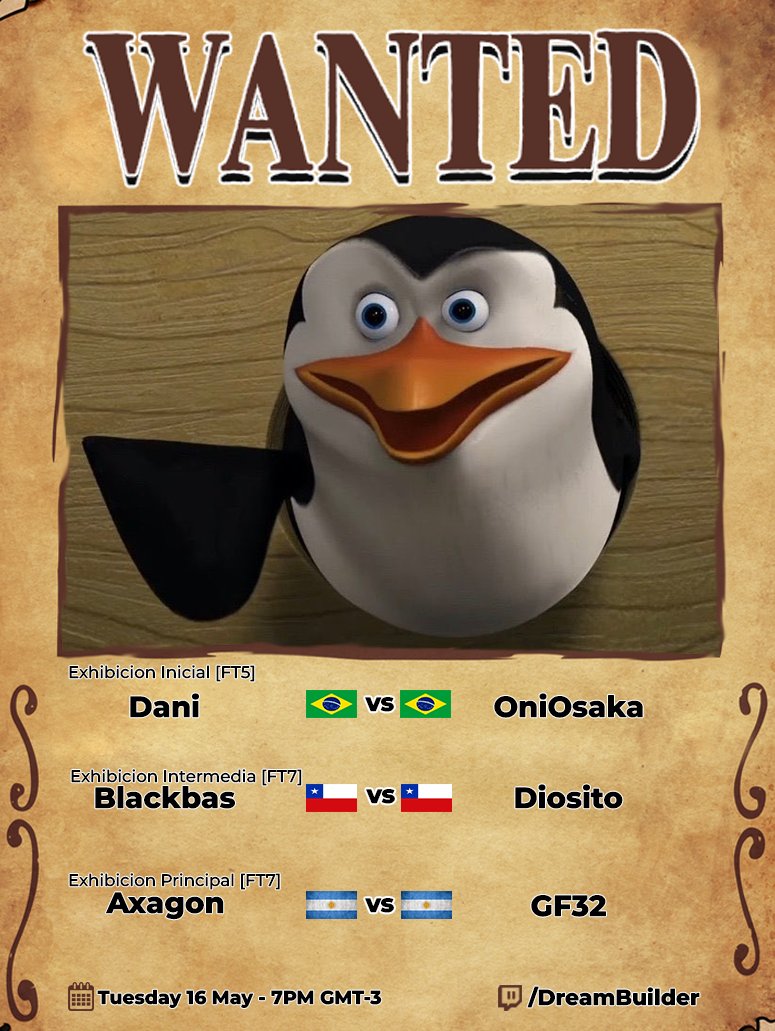 Como que la carta de hoy está un poco vacía no? Eso es porque ustedes deciden que juegan! Quienes serán los suertudos que elijan que juegan?

<a href="/buffdanipls/">Dani 🇧🇷</a> vs @_Sephiram
<a href="/Blackbas6/">Blackbas</a> vs @Kyu_Diosito 
<a href="/Alanhsaa_/">no'Alan</a> vs <a href="/GF32_FGC/">GF32</a> 

📅HOY - 19hs GMT-3
💻twitch.tv/dreambuilder