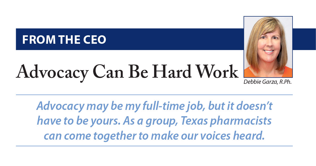 TXpharmAssn's tweet photo. TPA CEO Debbie Garza says #pharmacy advocacy is hard work, but it's worth it. "As a group, Texas #pharmacists can come together to make our voices heard." Read more in the spring 2023 issue of "Texas Pharmacy" magazine (member login req'd). #TexasPharmacy https://t.co/861YBsfuqx https://t.co/2ThFgtDxKZ