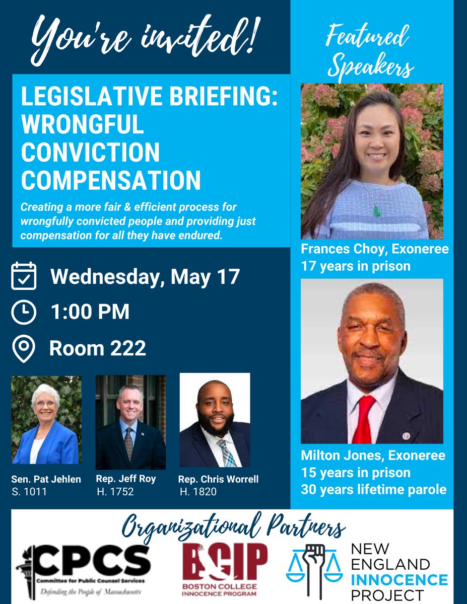 Legislative Briefing tomorrow (5/17) on wrongful conviction compensation. Join us to hear how we can better support exonerees in freedom. Special thanks to members <a href="/senjehlen/">Senator Pat Jehlen</a> <a href="/BrotherChris617/">Christopher Worrell</a> <a href="/jeffroy/">Jeffrey N. Roy</a> <a href="/JamieEldridgeMA/">Jamie Eldridge</a> <a href="/MaryKeefeMA/">Mary Keefe</a> &amp; <a href="/CPCSnews/">The Mass Public Defenders (CPCS)</a> <a href="/BCInnocence/">BCIP</a>