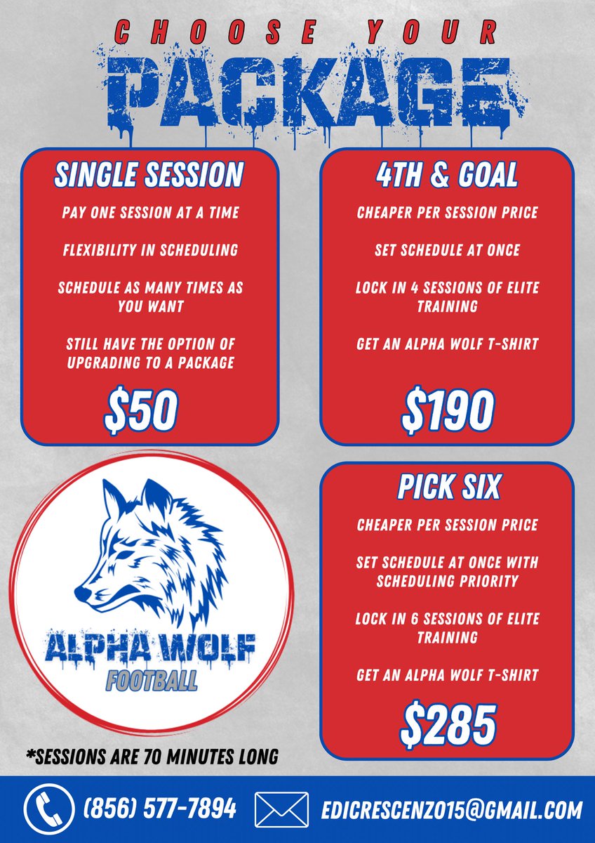 Hi All! Summertime means Alpha Wolf Football Training Sessions are available from June thru August! The Link to sign up is: AlphaWolfFootball.as.me
For more about me, you can read below and check out the flyers: