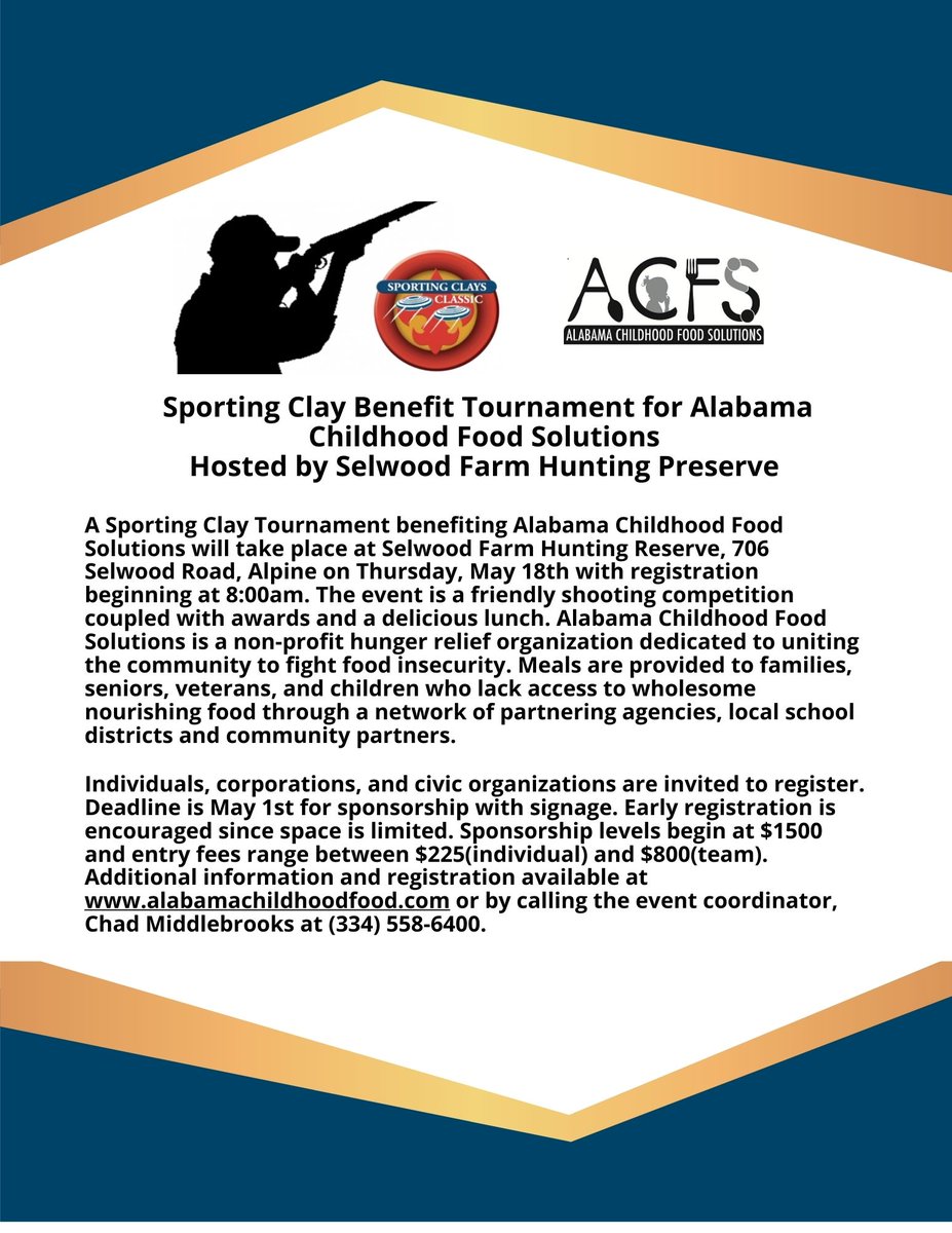 ACFS still has openings for the inaugural Sporting Clay Tournament this Thursday, May 18th at Selwood Farms.  We guarantee you will have a great day as well as the opportunity to support the efforts to fight food insecurity in our community! #hungernomore