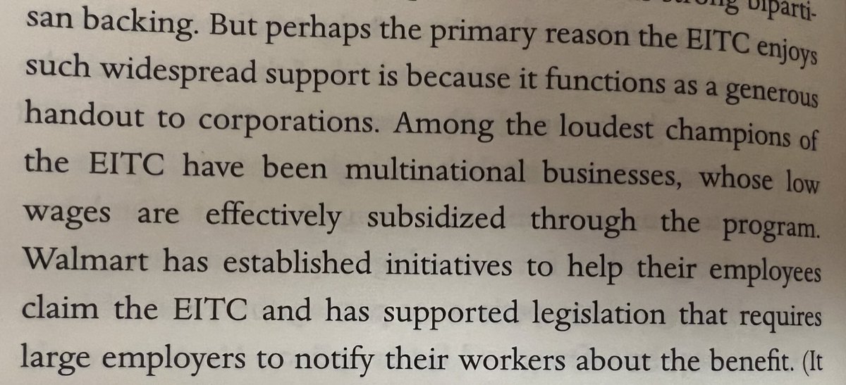 "[P]erhaps the primary reason the EITC enjoys such widespread support is because it functions as a generous handout to corporations. Among the loudest champions of the EITC have been multinational businesses..."

An extraordinary claim in <a href="/just_shelter/">Matthew Desmond</a>'s Poverty, by America.

A🧵