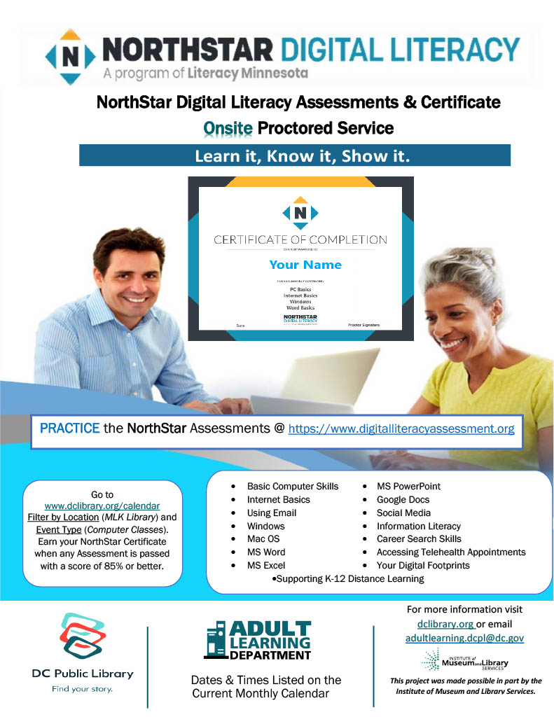 Digital Literacy classes using the Northstar Digital Literacy program. Classes run from 4pm-6pm Tuesdays and Thursdays. dclibrary.libnet.info/events?t=Compu…