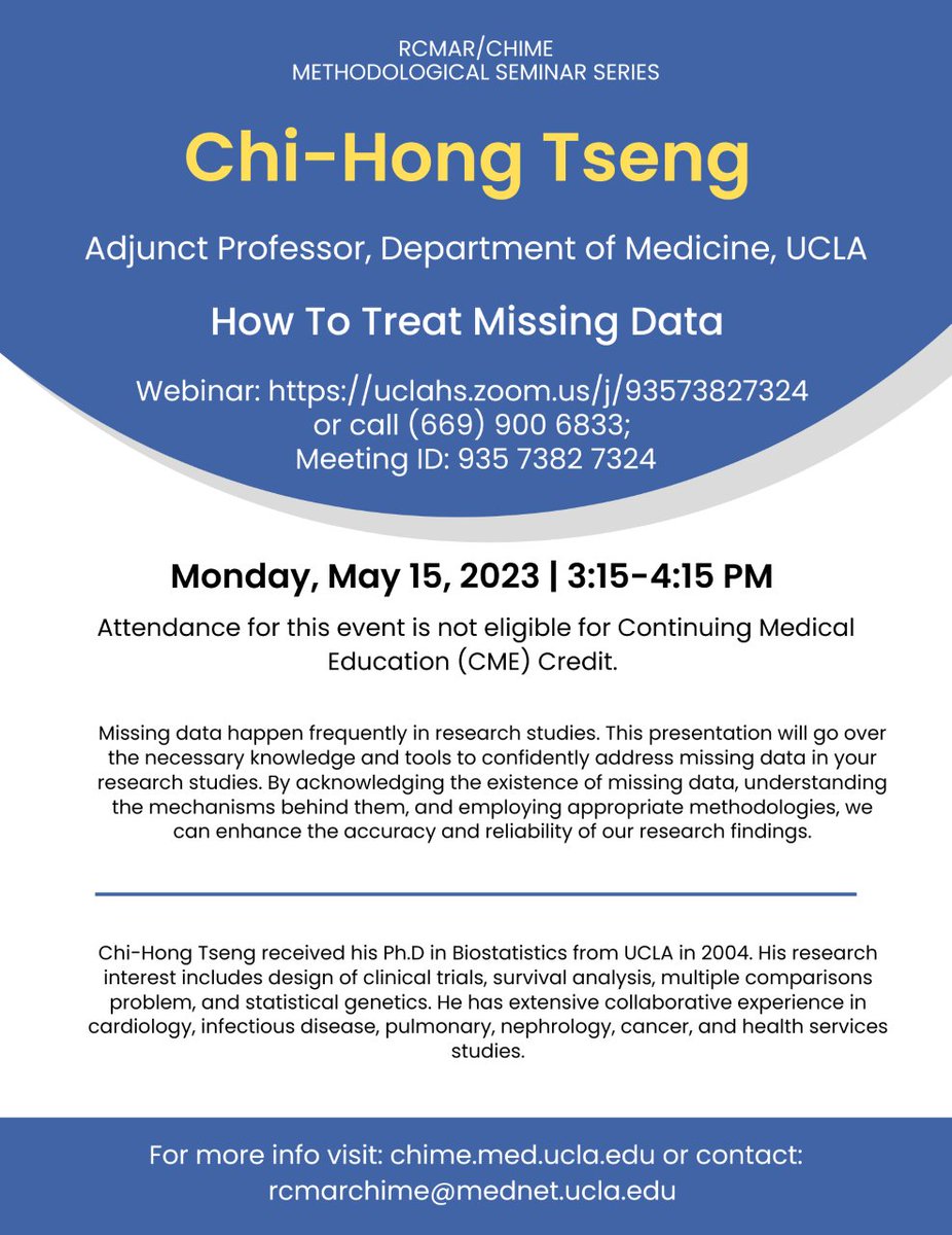 UCLA RCMAR CHIME (@uclarcmarchime) on Twitter photo Check out our May Methods Seminar on how to treat missing data here: chime.med.ucla.edu/may-2023-metho… Check out our May Methods Seminar on how to treat missing data here: chime.med.ucla.edu/may-2023-metho…