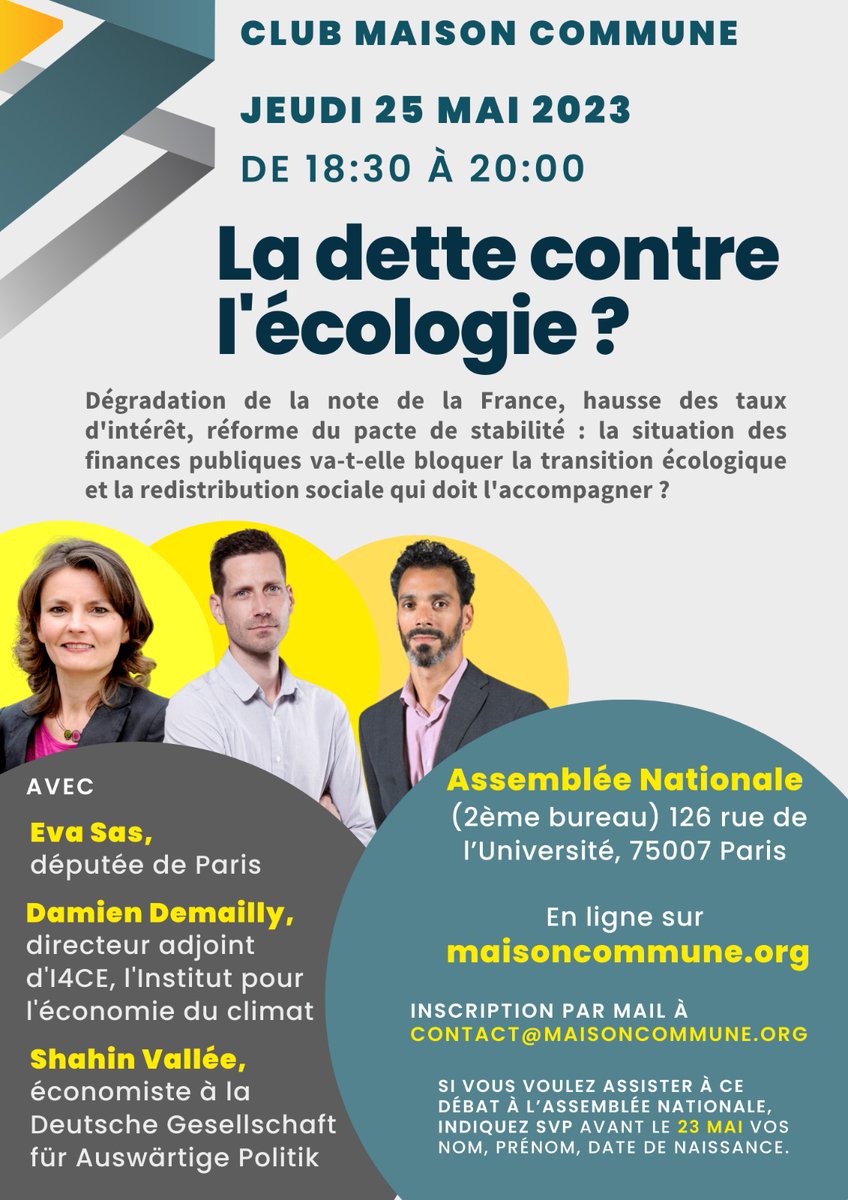 MaisonCommune_'s tweet photo. #ClubMaisonCommune °5 📣Dégradation de la note de la France, hausse des taux d'intérêt, réforme du pacte de stabilité.

Comment faire pour que la situation des finances publiques ne bloque pas la transition écologique et la redistribution sociale accrue qui doit l'accompagner ? https://t.co/29z0gm0Dxv