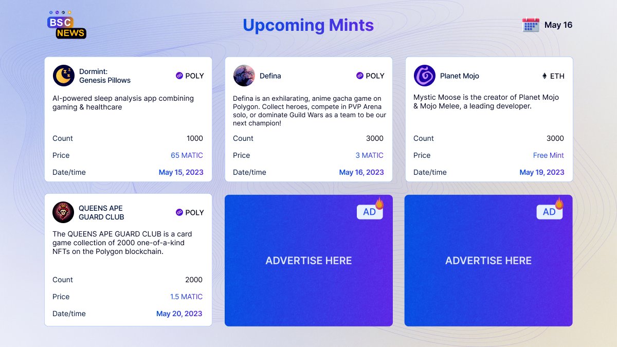 BSCNews's tweet photo. Check out this list of upcoming mints for some of the hottest NFT projects! โคต๏ธ๐
For more #upcomingmints check out the #NFT Drops page on BSC News:
https://t.co/VVqK1ndgWh
@Dormint_io @Defina_Official @WeArePlanetMojo @CiCKartworks
Non-Financial Advice, Do Your Own Research! https://t.co/3vSI7J1xLF