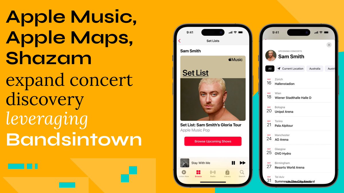 Today, we’re thrilled to announce that Apple Music, Apple Maps, and Shazam are now leveraging Bandsintown concert data to give you more opportunities to find shows, discover venues near you, and even stream set lists. Read more: bnds.in/apple