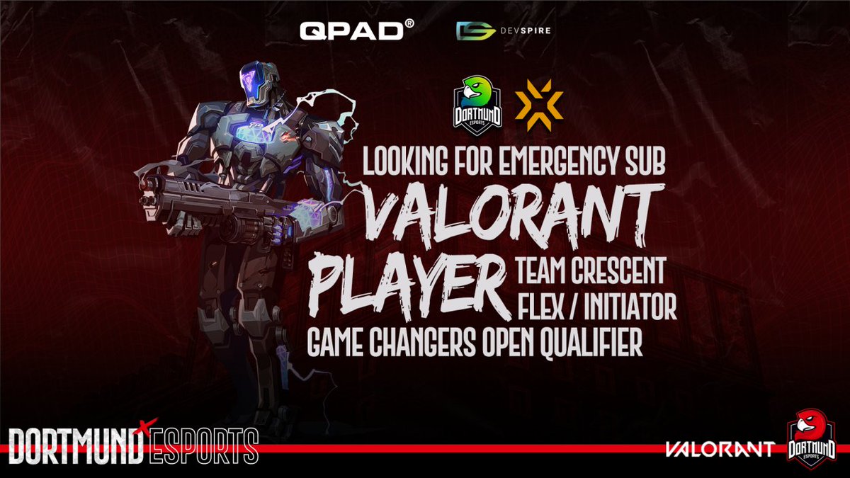 🚨 LOOKING FOR EMERGENCY SUB for GC Open Qualifier!

🏆 Ascendant - Immortal 
🎂 18+ 
🌐 German/English 
📣 Preferably: IGL/CO-IGL 
⚔️ Flex/Initiator 
✅ GC eligible 
📅 22.05., 23.05. (24.05.)

📩 DM for details! <a href="/DoeS_Crescent/">DoeS Crescent</a> 🌙

🔄 Retweets appreciated ❤️ 

#GCQualifier