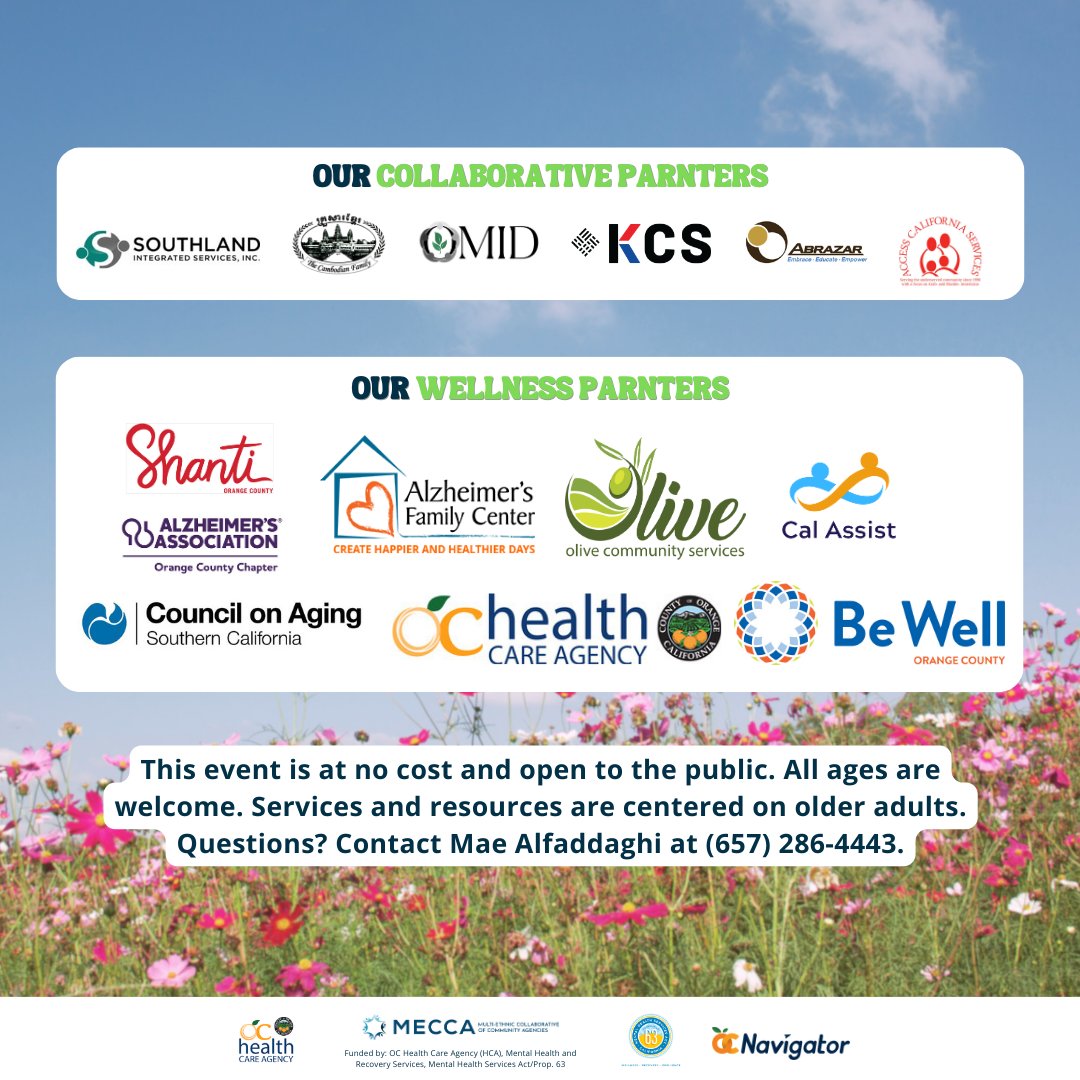 MultiEthnicCCA's tweet photo. Swing by Spring Together! An Older Adult Mental Health Resource Fair next Thursday! We'll have educational presentations, resources, and giveaways. Learn more at https://t.co/xJIjgbVGPl

#ocmecca #mentalhealthawarenessmonth #mentalhealth https://t.co/V0f2byxP8U