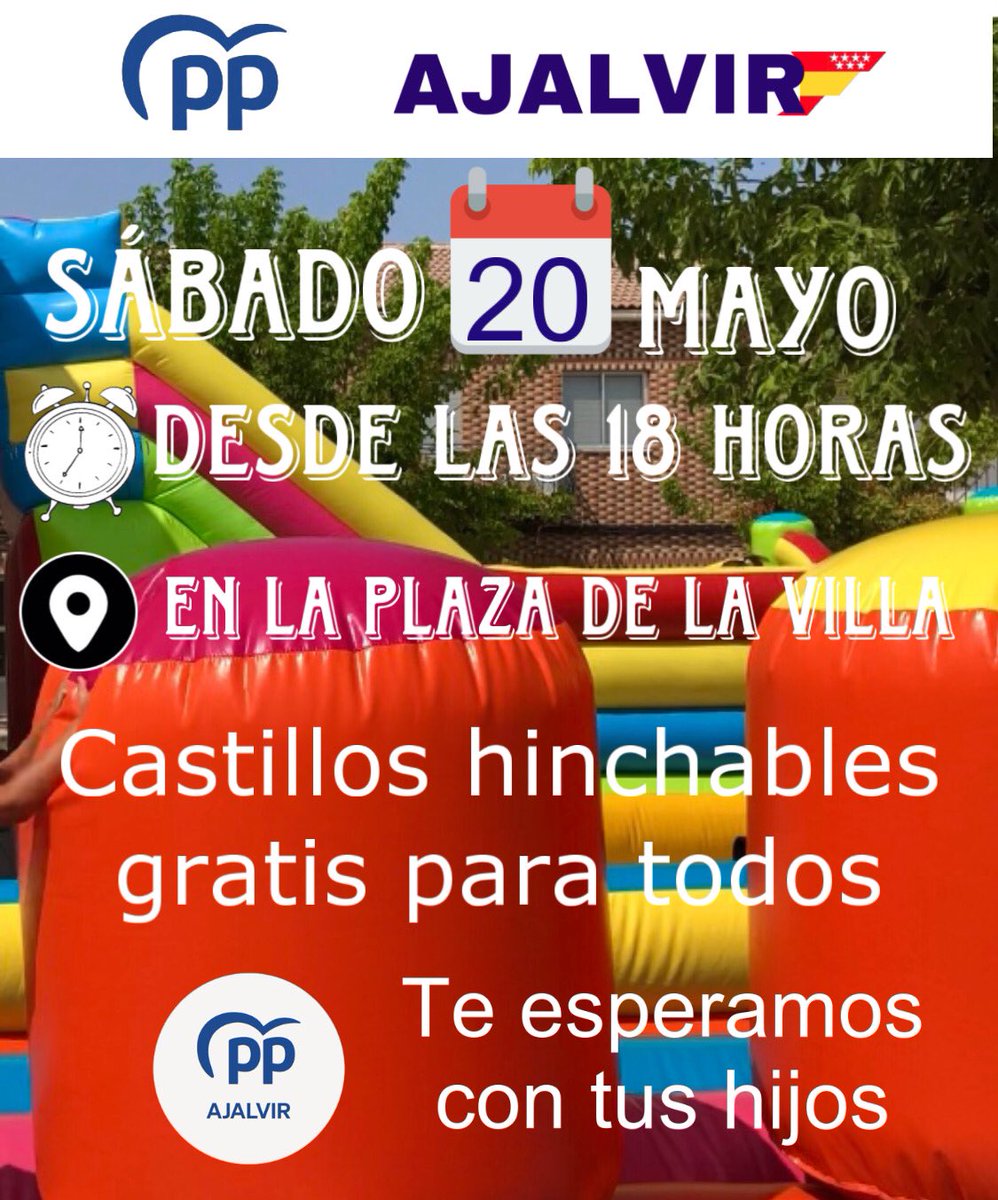 ppajalvir's tweet photo. ¡TARDE EN FAMILIA! 
Ven a pasar la tarde del Sábado 20 de mayo, en la plaza De la Villa con nosotros, a partir de las 18:00 horas, castillo hinchable para los niños y a las 20:00 h la actuación de Antonio Jurado Ruiz, que no te lo cuenten. 
¡Te esperamos! https://t.co/oy6giOSZw3