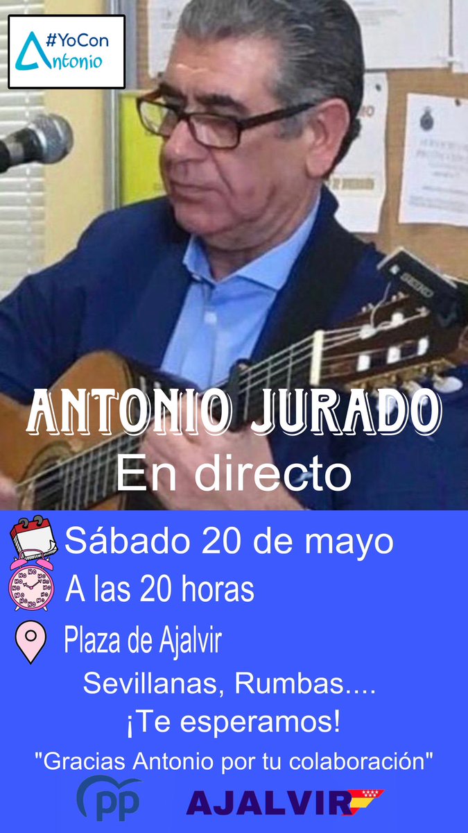 ppajalvir's tweet photo. ¡TARDE EN FAMILIA! 
Ven a pasar la tarde del Sábado 20 de mayo, en la plaza De la Villa con nosotros, a partir de las 18:00 horas, castillo hinchable para los niños y a las 20:00 h la actuación de Antonio Jurado Ruiz, que no te lo cuenten. 
¡Te esperamos! https://t.co/oy6giOSZw3