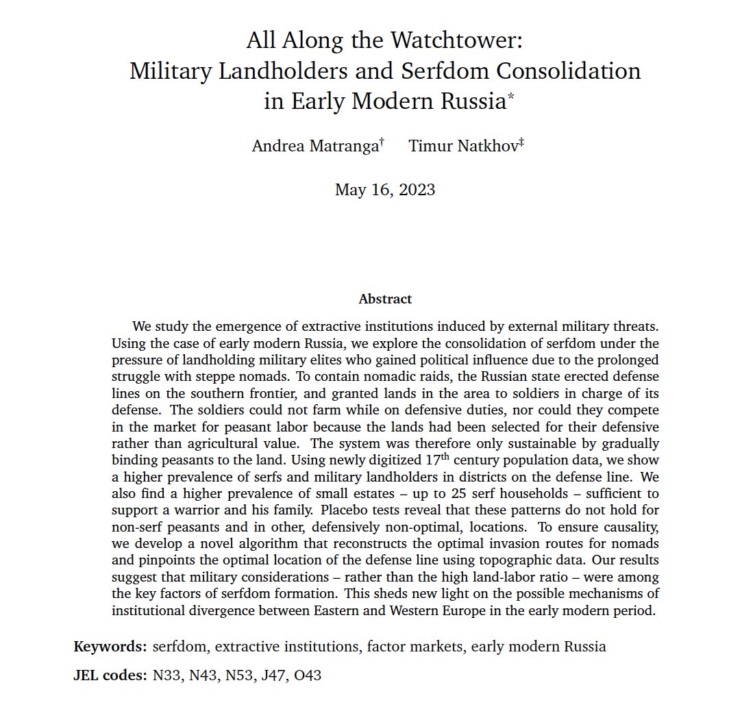 We just submitted our paper on the rise of Serfdom in Russia (joint work with <a href="/Natkhov/">Timur Natkhov</a>), and we're very proud of the result. I am going to start here a long thread explaining the paper (I will add little by little as I have time)