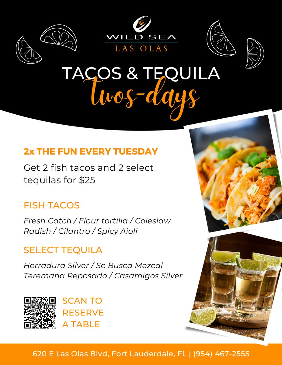 WildSeaLasOlas's tweet photo. New special! It's time for Tacos and Tequila Twos-Days! Two times the fun every single tuesday. Fish tacos and tequila - what more could you want?! #WildSea #LasOlas #RiversideHotel https://t.co/BPRZxO8ZES