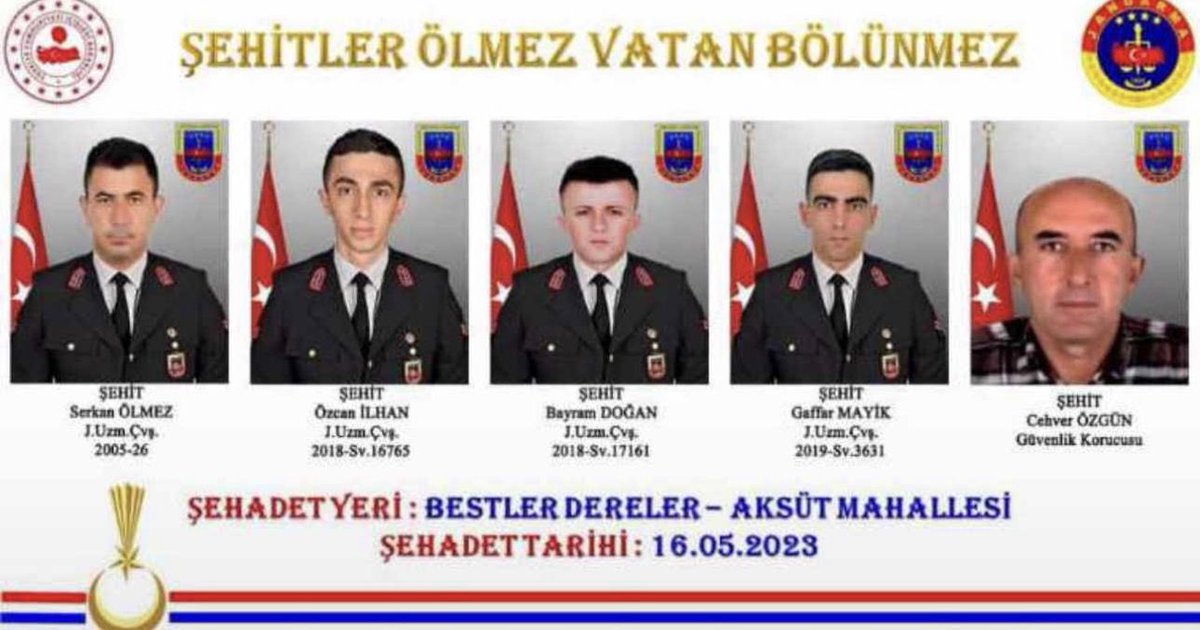 Şırnak Bestler Dereler bölgesinde Hain Pkk terör örgütü ile girilen çatışmada
J.Uzm.Çvş.Serkan Ölmez
J.Uzm.Çvş.Özcan İlhan
J.Uzm.Çvş.Bayram Doğan
J.Uzm.Çvş.Gaffur Mayik
Güvenlik Korucusu Cehver Özgün 
Şehit Olmuşlardır
Ruhları Şad olsun 
Ailelerine sabır diliyorum
Milletimizin