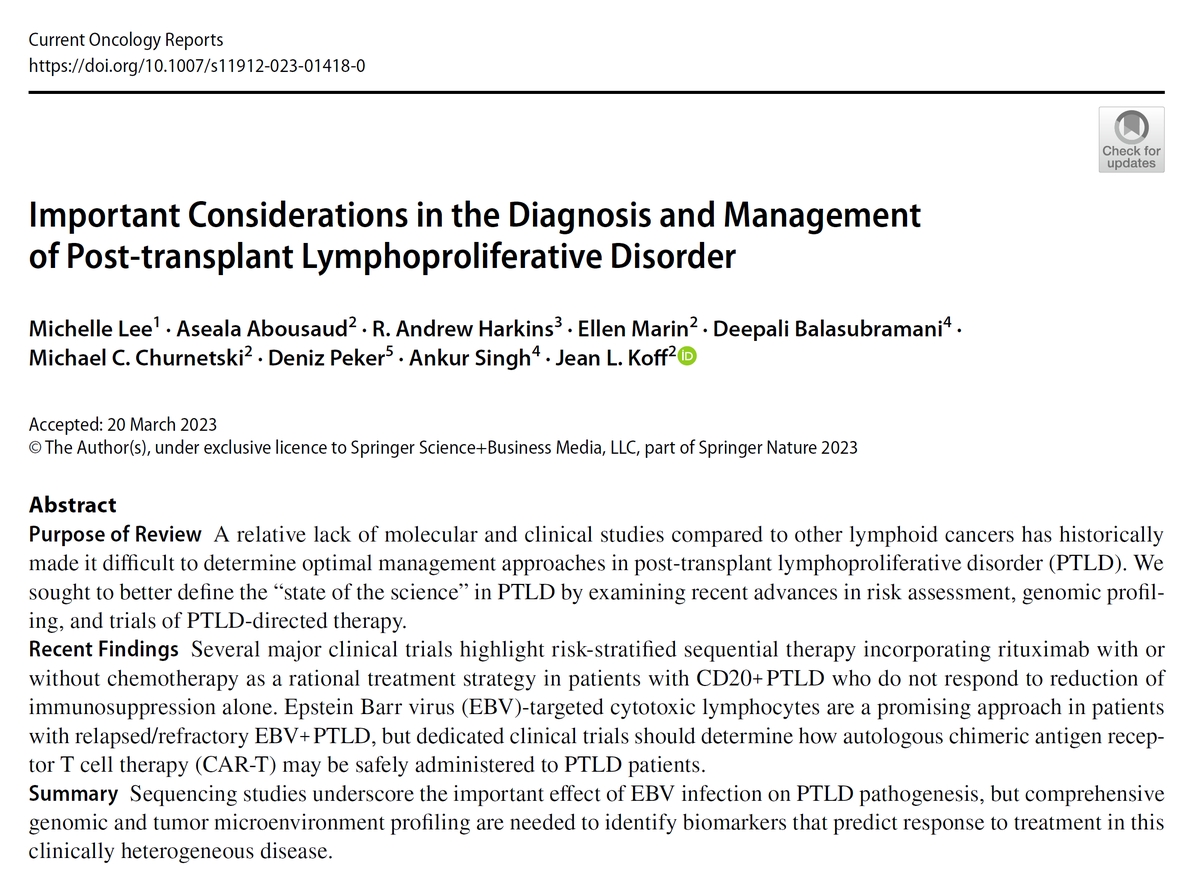 Ankur Singh (@dr_asingh) on Twitter photo Solid organ or hematopoietic stem cell transplant patients are at high risk for developing post-transplant lymphoproliferative disorder (PTLD). We share our clinical & treatment perspective, led by Dr @JeanKoffMD, Dr <a href="/michellejelee/">Michelle J Lee</a>, <a href="/DeepaliBalasub1/">Deepali Balasubramani</a> et al. link.springer.com/article/10.100… Solid organ or hematopoietic stem cell transplant patients are at high risk for developing post-transplant lymphoproliferative disorder (PTLD). We share our clinical & treatment perspective, led by Dr @JeanKoffMD, Dr <a href="/michellejelee/">Michelle J Lee</a>, <a href="/DeepaliBalasub1/">Deepali Balasubramani</a> et al. link.springer.com/article/10.100…