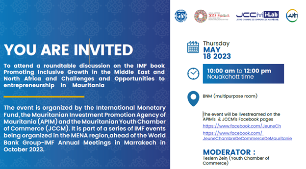 IMFinMENA's tweet photo. Join us on May 18 @ 10:00 AM Nouakchott time (6:00 AM ET) to discuss inclusive growth and policy solutions with youth from the region @apim_mr and @IlabJccm ahead of the World Bank-IMF meetings in Marrakech #Marrakech2023

Watch here:
https://t.co/KN42VlQoTy https://t.co/UrFcKaHl5r