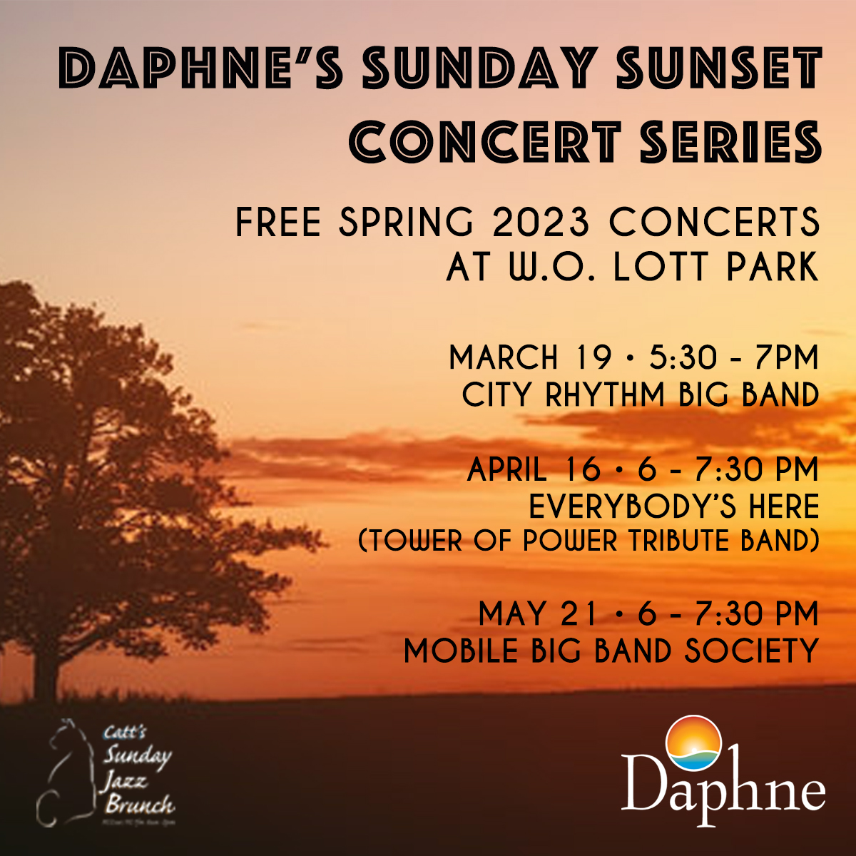 Join us this weekend, Sun, May 21 6-7:30 PM for our final Sunday Sunset Concert of this spring. This week we welcome Mobile Big Band Society, Inc. at W.O. Lott Park. Bring your lawn chairs and some friends for some great music provided by Catt's Sunday Jazz Brunch/Radio Avalon.