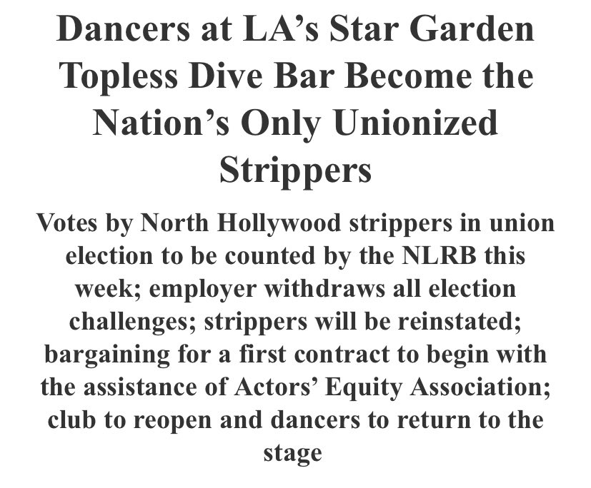GrimKim's tweet photo. NEWS: The Star Garden workers are victorious! The owners withdrew all election challenges, recognized the union and will meet with @ActorsEquity within 30 days to negotiate a first contract. The dancers have been reinstated and now work at the U.S.’s only unionized strip club! https://t.co/RkM37Hz1Ub