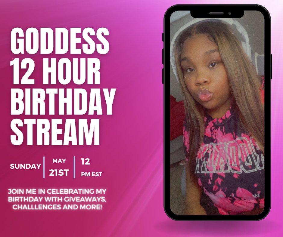 goddess_sim's tweet photo. Join me in celebrating my 24th Birthday with a 12hour twitch stream this Sunday May 21st. There will be giveaways, small challenges and more i hope to see you all there! https://t.co/ksegNWx3gk https://t.co/Gtm8cHSEIy