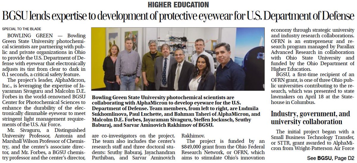 SivaguruLab's tweet photo. Our collaborative work with AlphaMicron / OFRN and AFRL highlighted in local news outlets. @sruthy_bbrj @JayPkeshav  @ArtSciBGSU @bgsu

https://t.co/QBHZ1bKrhM https://t.co/Iv318nI8gd