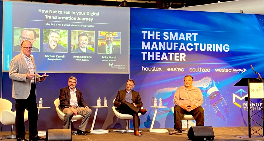 WillAutomate's tweet photo. Paul Boris @PraemoAI kicks off an awesome panel at @eastec with Michael Carroll @GeorgiaPacific, Ryan Cahalane & Mike Manzi of Axiom Systems.
They are talking #AI, #digitaltransformation, & how not to fail by sharing their own failures & successes! #eastec #eastec2023 #MTseries https://t.co/oVDDrpoXV3