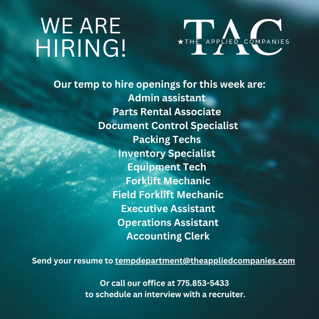 TheAppliedCo's tweet photo. The Applied Companies wants to help you find a new job! Send your resume to tempdepartment@theappliedcompanies.com or call our office at 775.853-5433 to schedule an interview with the next available recruiter! https://t.co/GkE4YZy1b1
