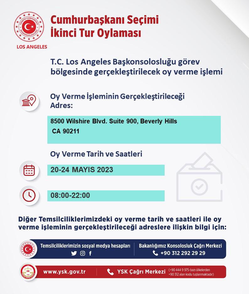 TC_LosAngelesBK's tweet photo. 📢 DUYURU

Yüksek Seçim Kurulu’nun 16 Mayıs 2023 tarih ve 1009 no’lu kararıyla, Cumhurbaşkanı Seçimi ikinci turu için ABD’deki oy verme tarih ve saatleri yeniden düzenlenmiştir.

Başkonsolosluğumuzda gerçekleştirilecek oylama işlemine dair bilgiler aşağıda yer almaktadır. https://t.co/DegTJ8iQRP