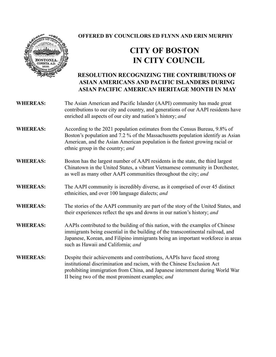 EdforBoston's tweet photo. TY @ErinforBoston, @Ruthzee &amp; @BOSCityCouncil for passing resolution last week to recognize AAPI Heritage Month &amp; contributions of AAPI community to our city &amp; country. We celebrate their sacrifices, rich culture &amp; stand w/ AAPI neighbors against racism, hate &amp; violence #bospoli https://t.co/Pcj0h53qrG